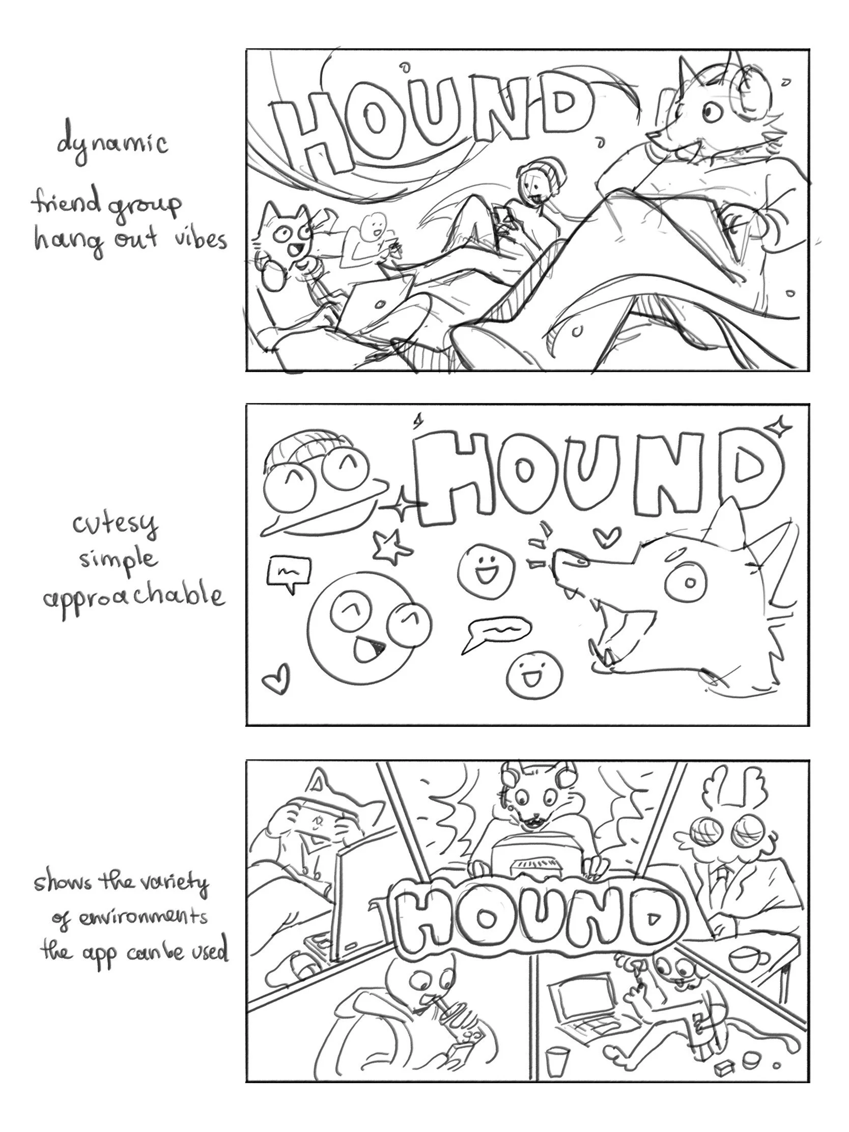 Development thumbnail sketches for "Hound.chat" app cover art