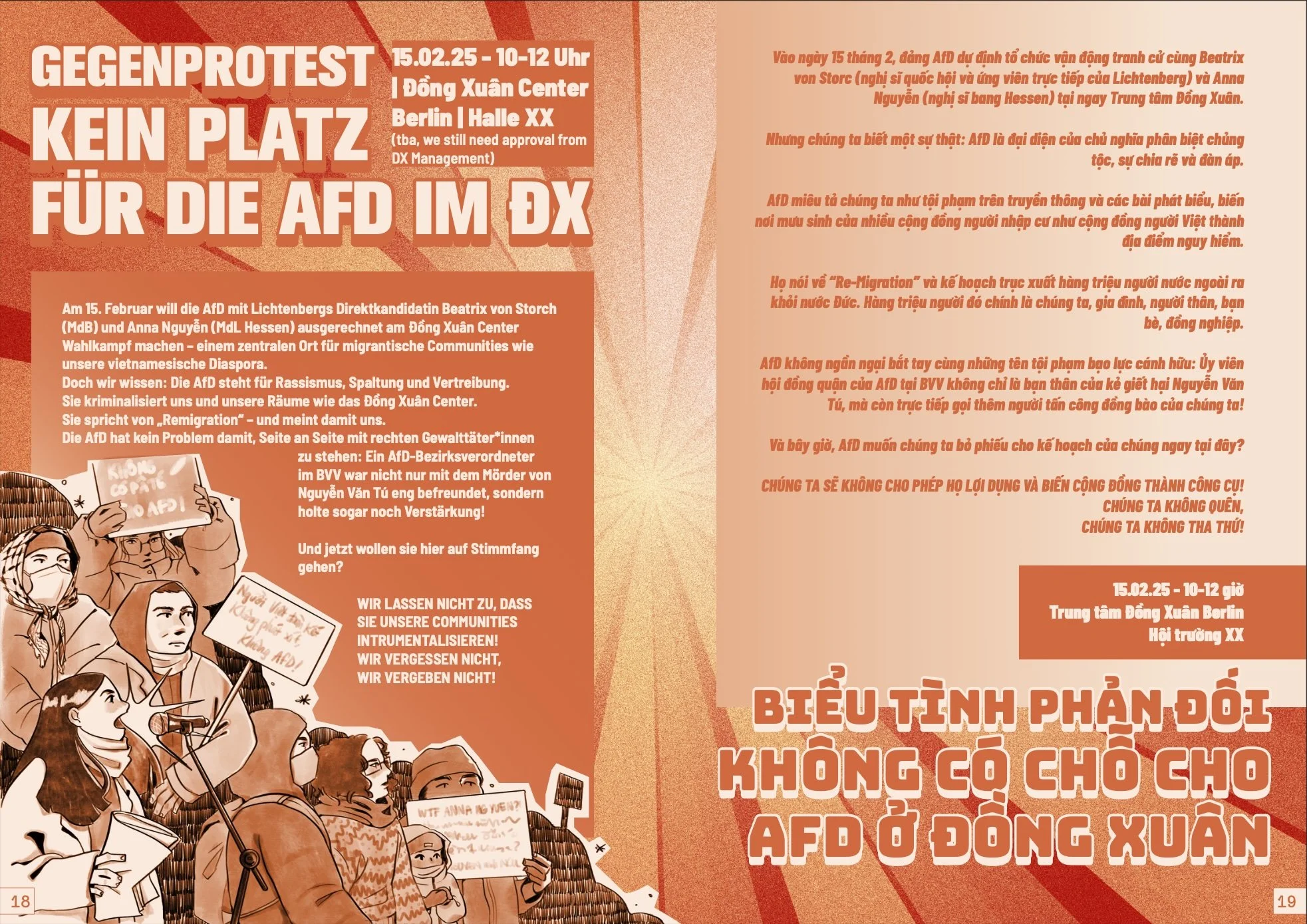 Editorial Illustration depicting the protest at Dong Xuan Center against the right wing party Afd (Vietnamese center in Berlin, Germany)