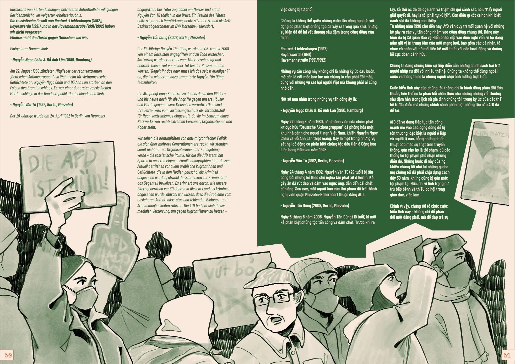 Editorial Illustration depicting the protest at Dong Xuan Center against the right wing party Afd (Vietnamese center in Berlin, Germany)