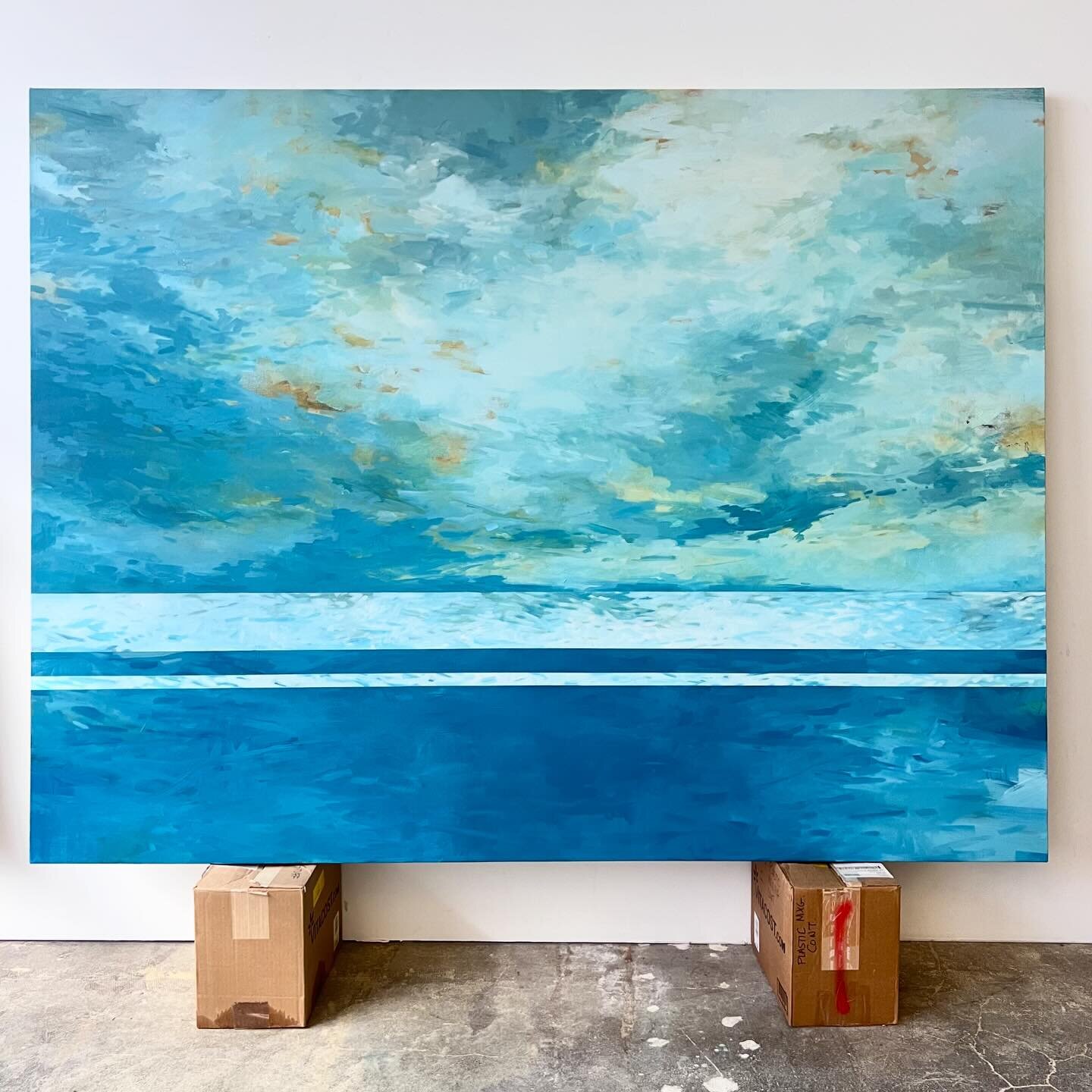 Studio view&hellip; painting in progress, with details. I am not sure if this one is finished&hellip; maybe? 🤔time to let it rest some more and go work on something else 😴💫 &ldquo;Atmospheric River&rdquo; 64x84 inches #studioview #paintingprocess 