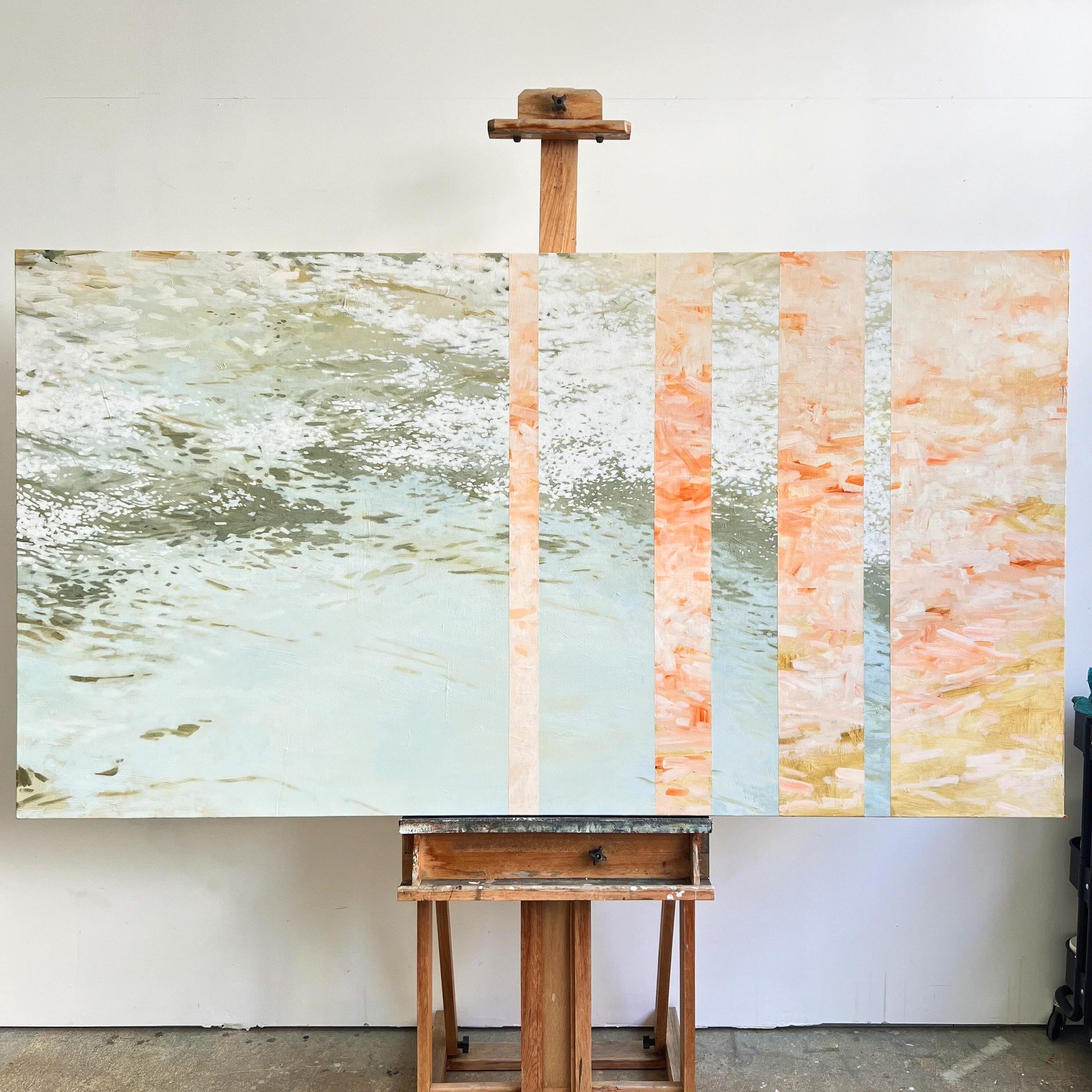 Nudging new work along is both uncertain and exhilarating&hellip; &ldquo;Summer Lake&rdquo; 40x74 in.  Inspired by the seasonal lake and glowing apricot sunsets at Playa Residency in eastern Oregon. #abstractlandscape #abstractpainting #westernlandsc