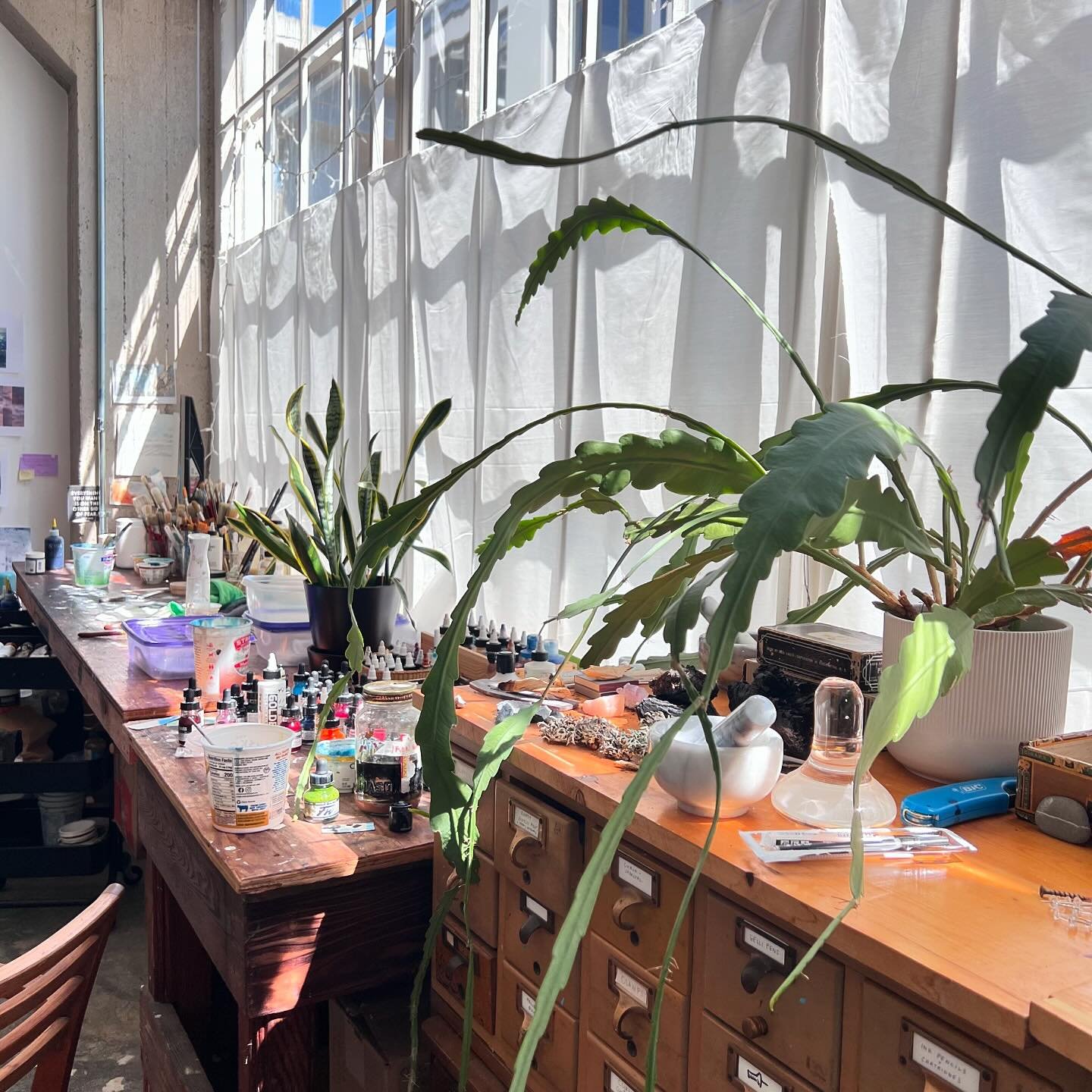 Studio views this week: I&rsquo;ve been appreciating this space and all that it facilitates 🤍 I have at least four works in progress right now, and I can have them all out, waiting for the next steps. I have a hard time just working on one painting 