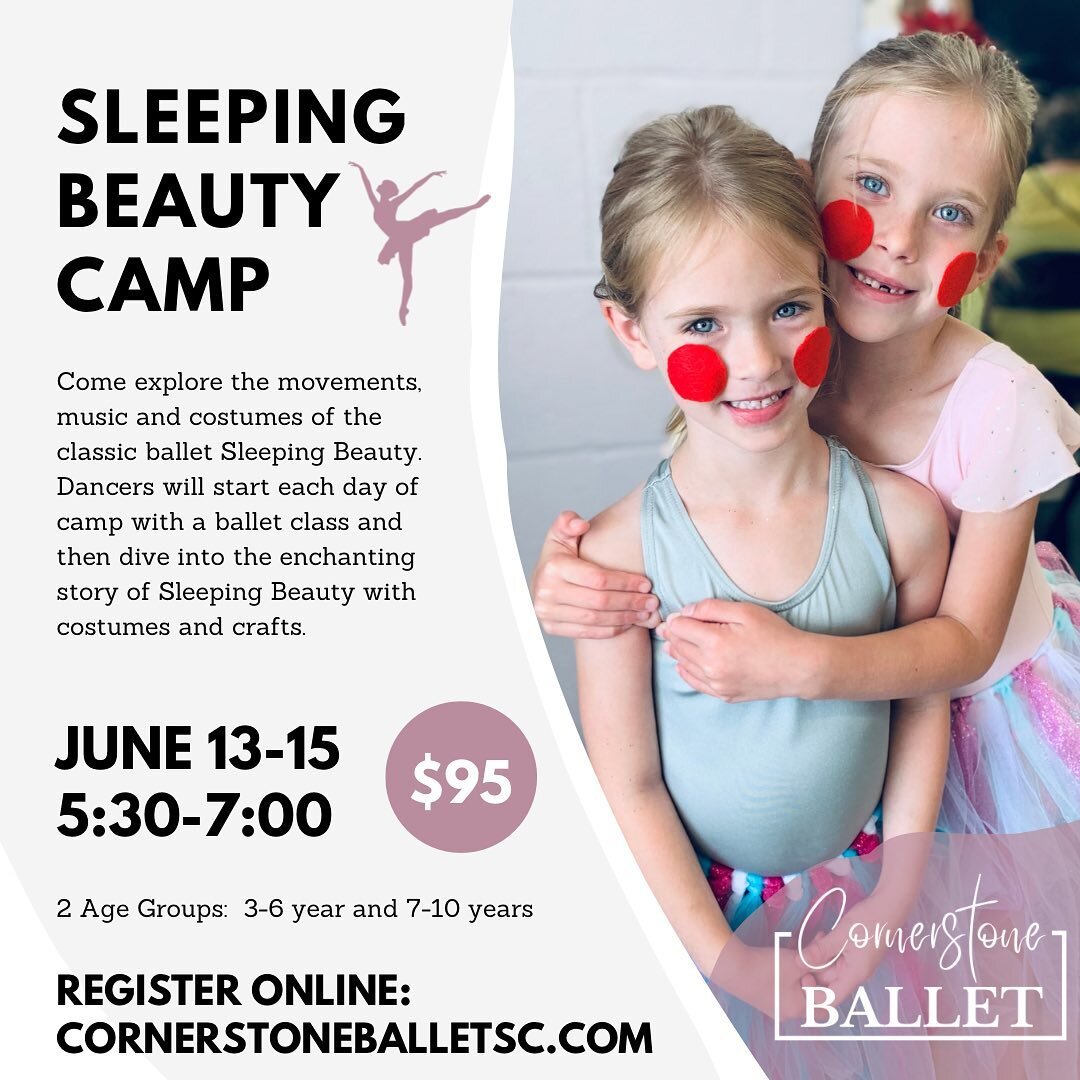 👑 Sign up for our Sleeping Beauty camp through our website! Mrs. Amy is excited to share the magic of this classical ballet with the students. No experience is needed and this is the perfect opportunity to bring a friend. Drop your dancer off and wa