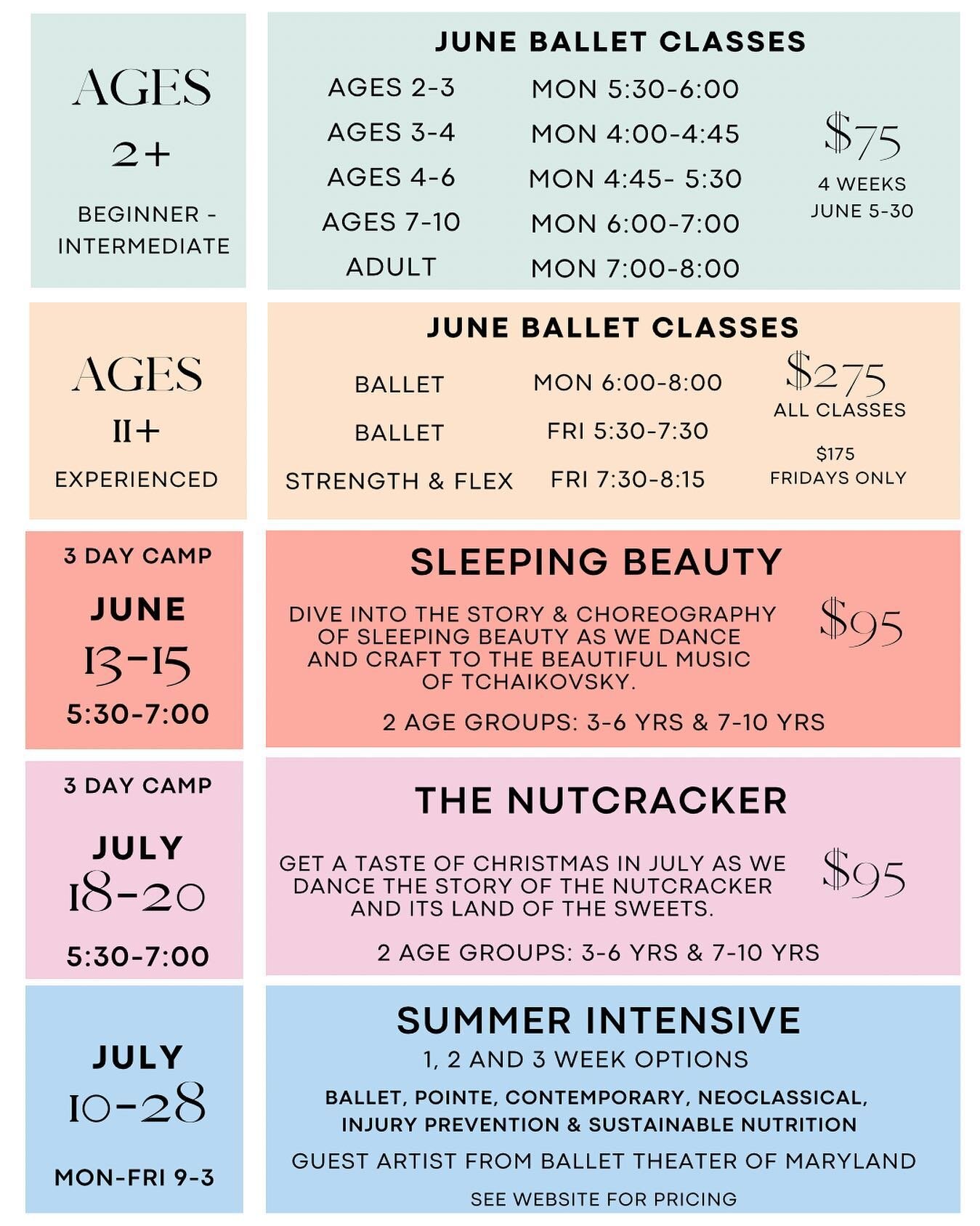 ☀️We have added a few new summer classes including Adult ballet and a 3-4 year old class.☀️ Secure your spot by registering through the website link in our bio. We can't wait to dance with you!