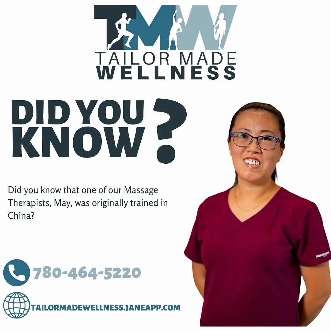 Did you know that one of our Massage Therapists, May, was originally trained in China? May has also received training here in Canada but May brings an excellent balance of Chinese Medicine and Western Medicine to her treatments.

Tailor Made Wellness