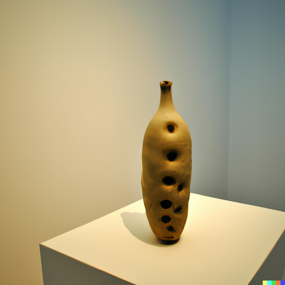 DALL·E 2022-07-14 22.11.47 - A photo of a ceramic vase made by ancient space aliens displayed in a gallery with white walls..png