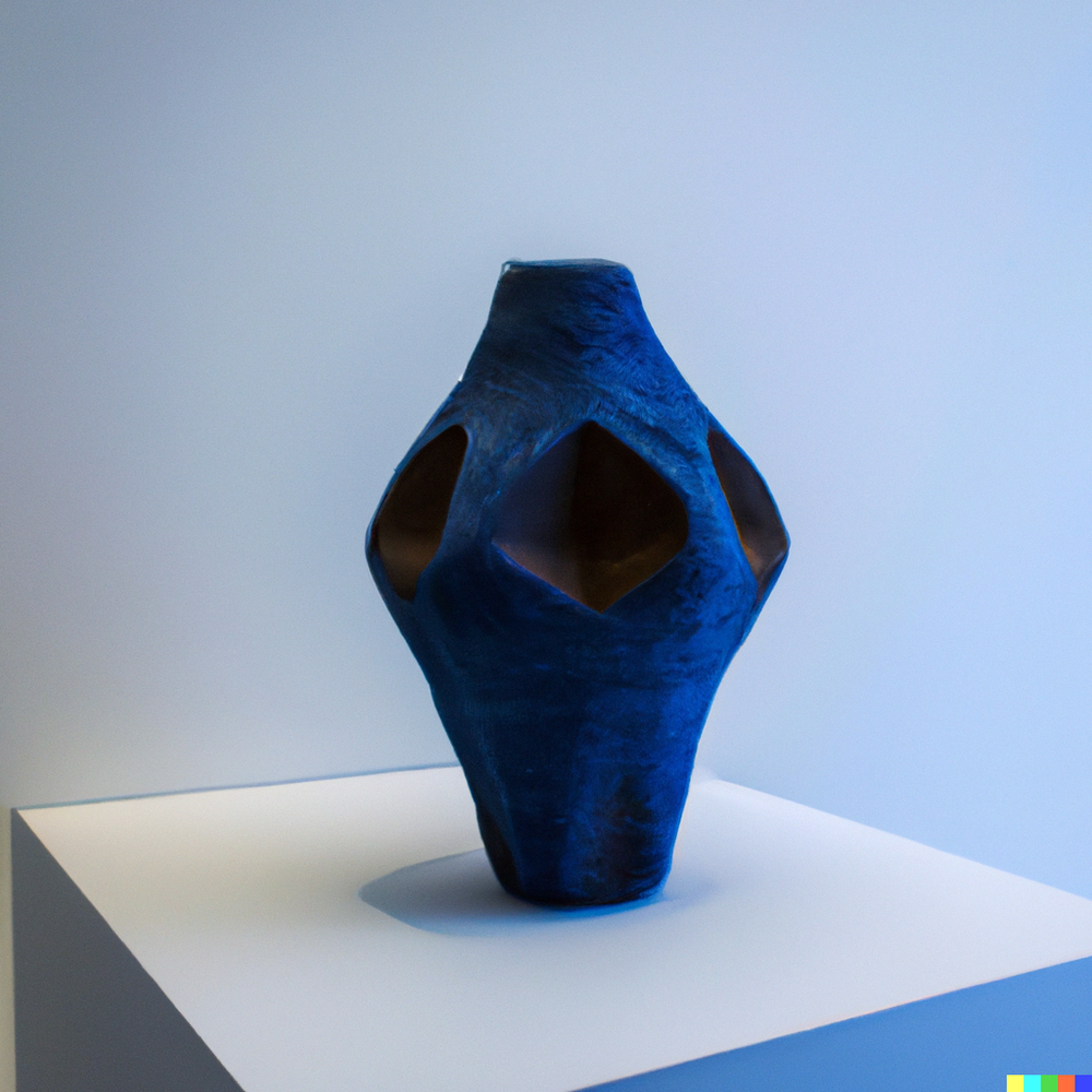 DALL·E 2022-07-14 22.44.33 - A photo of a ceramic vase made by space aliens from an advanced civilization displayed in a gallery with white walls..png