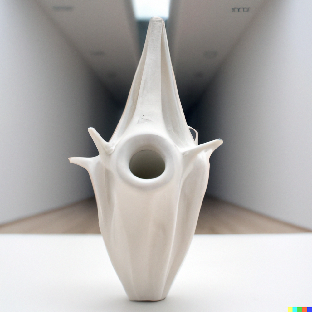DALL·E 2022-07-14 22.46.19 - A photo of a ceramic vase made by space aliens from an advanced civilization displayed in a gallery with white walls..png