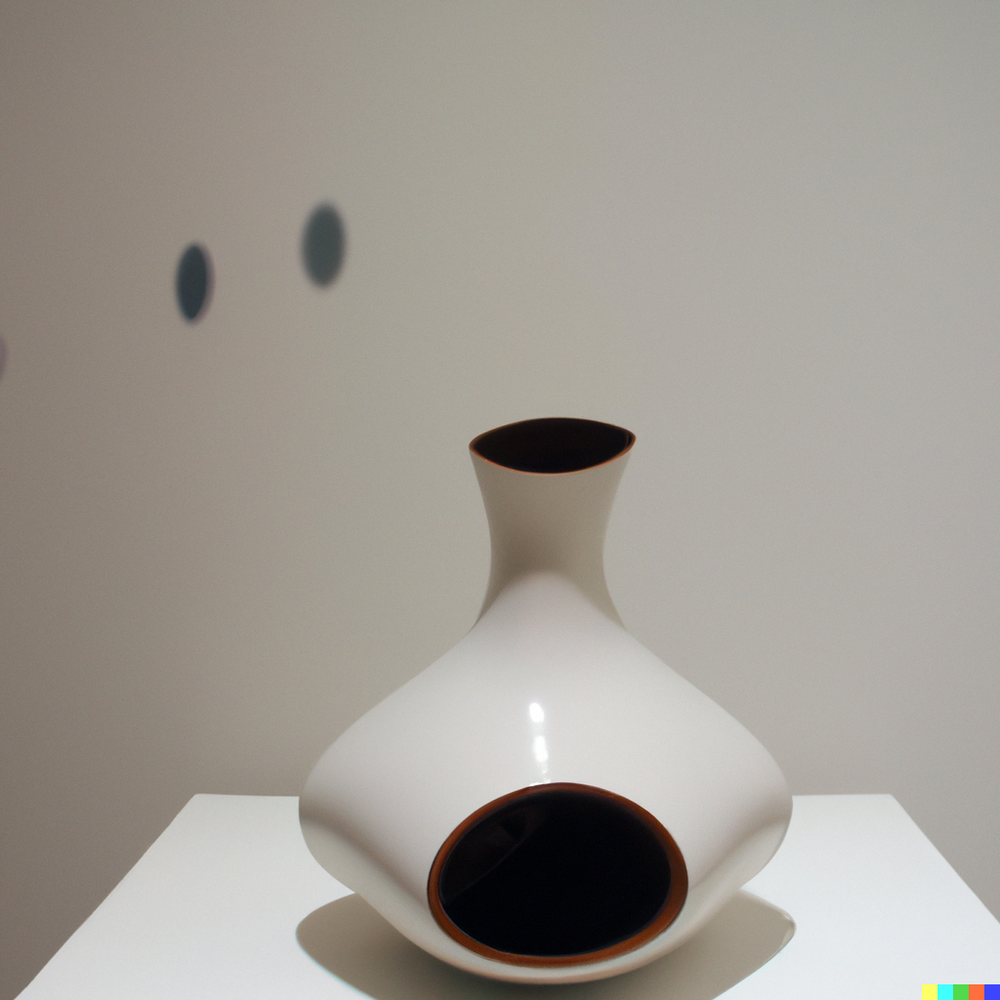DALL·E 2022-07-14 22.46.55 - A photo of a ceramic vase made by space aliens from an advanced civilization displayed in a gallery with white walls..png
