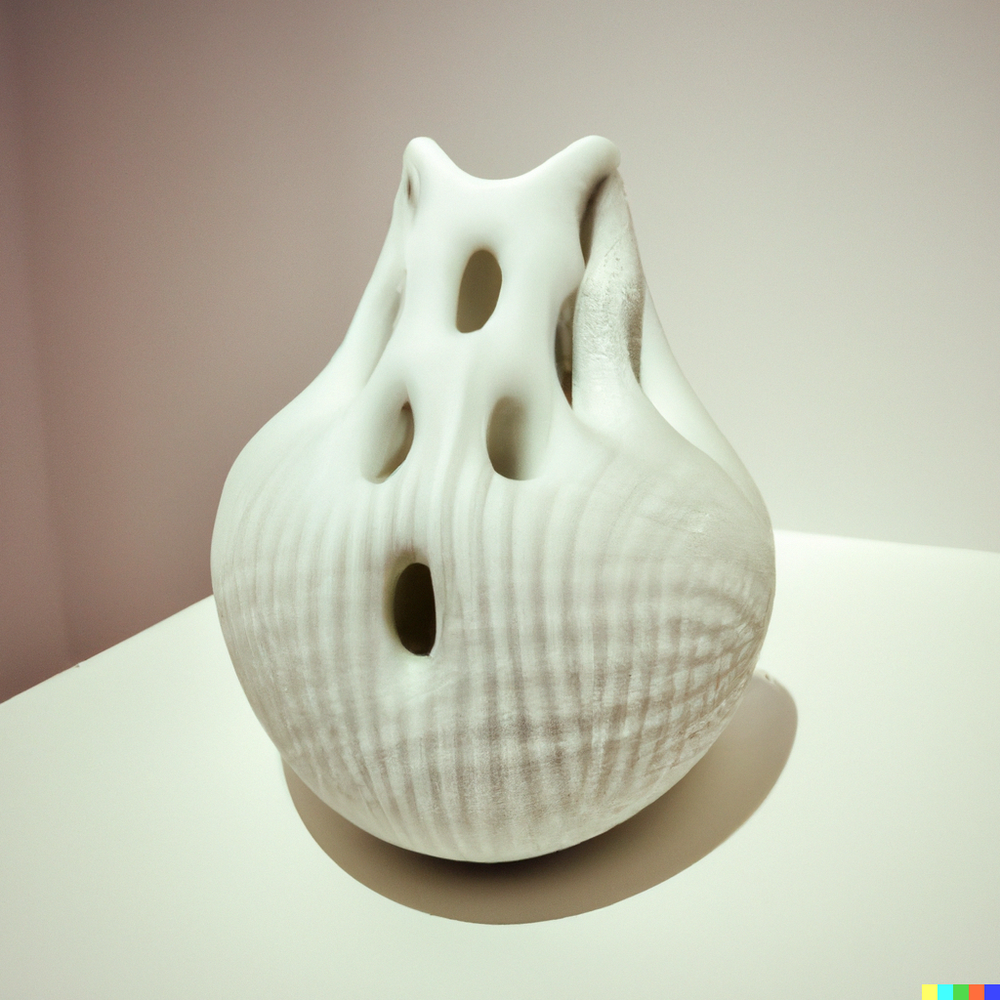 DALL·E 2022-07-14 22.46.59 - A photo of a ceramic vase made by space aliens from an advanced civilization displayed in a gallery with white walls..png