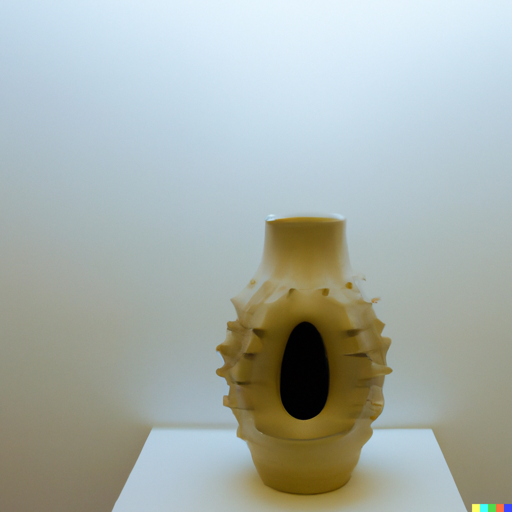 DALL·E 2022-07-14 22.47.10 - A photo of a ceramic vase made by space aliens from an advanced civilization displayed in a gallery with white walls..png