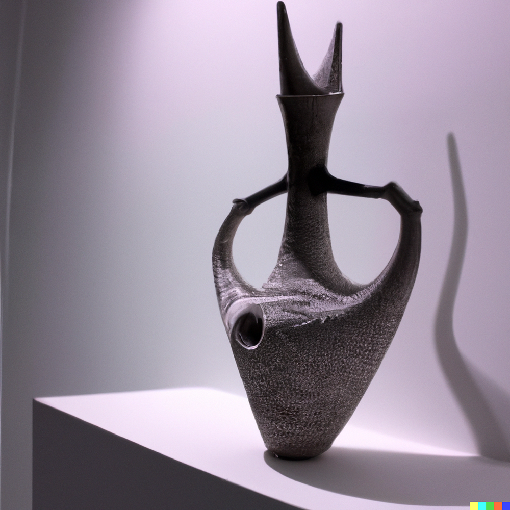 DALL·E 2022-07-14 22.52.27 - A photo of a ceramic vase made by space aliens from an advanced civilization displayed in a gallery with white walls..png