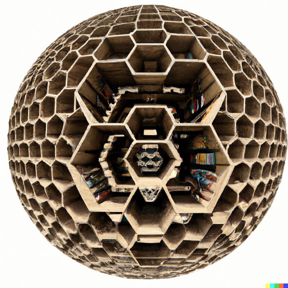 DALL·E 2022-07-15 23.18.12 - Borges' Library of Babel, a sphere composed of an indefinite number of hexagonal galleries of stacked bookshelves, whose exact centre is any one of it.png