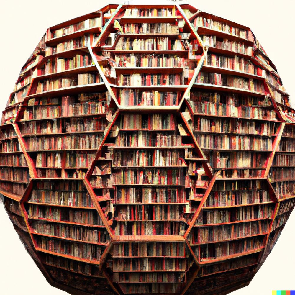 DALL·E 2022-07-15 23.18.48 - Borges' Library of Babel, a sphere composed of an indefinite number of hexagonal galleries of stacked bookshelves, whose exact centre is any one of it.png