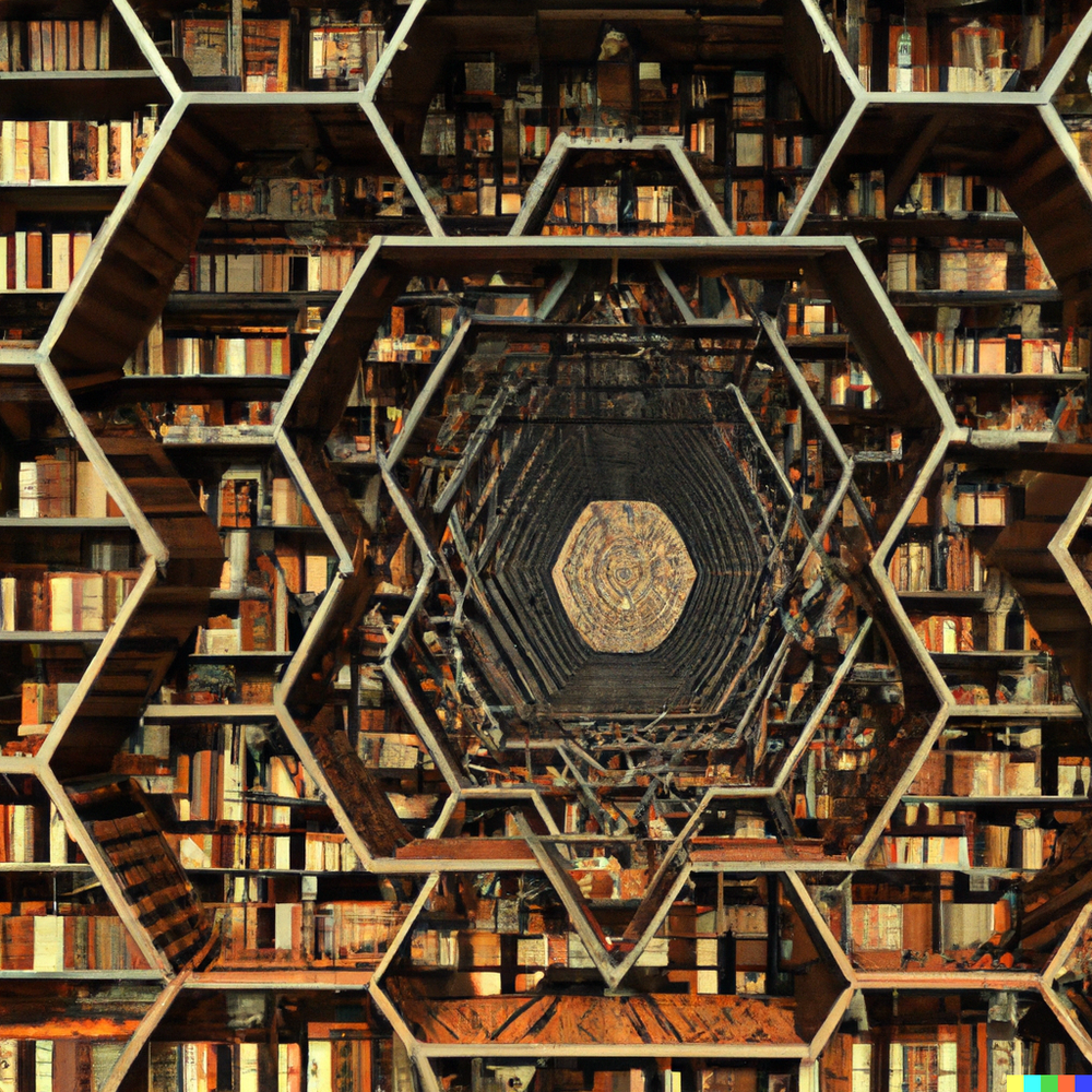 DALL·E 2022-07-15 23.23.04 - Borges' Library of Babel, an infinite fractal composed of an indefinite number of hexagonal rooms lined with stacked bookshelves, whose exact centre i.png