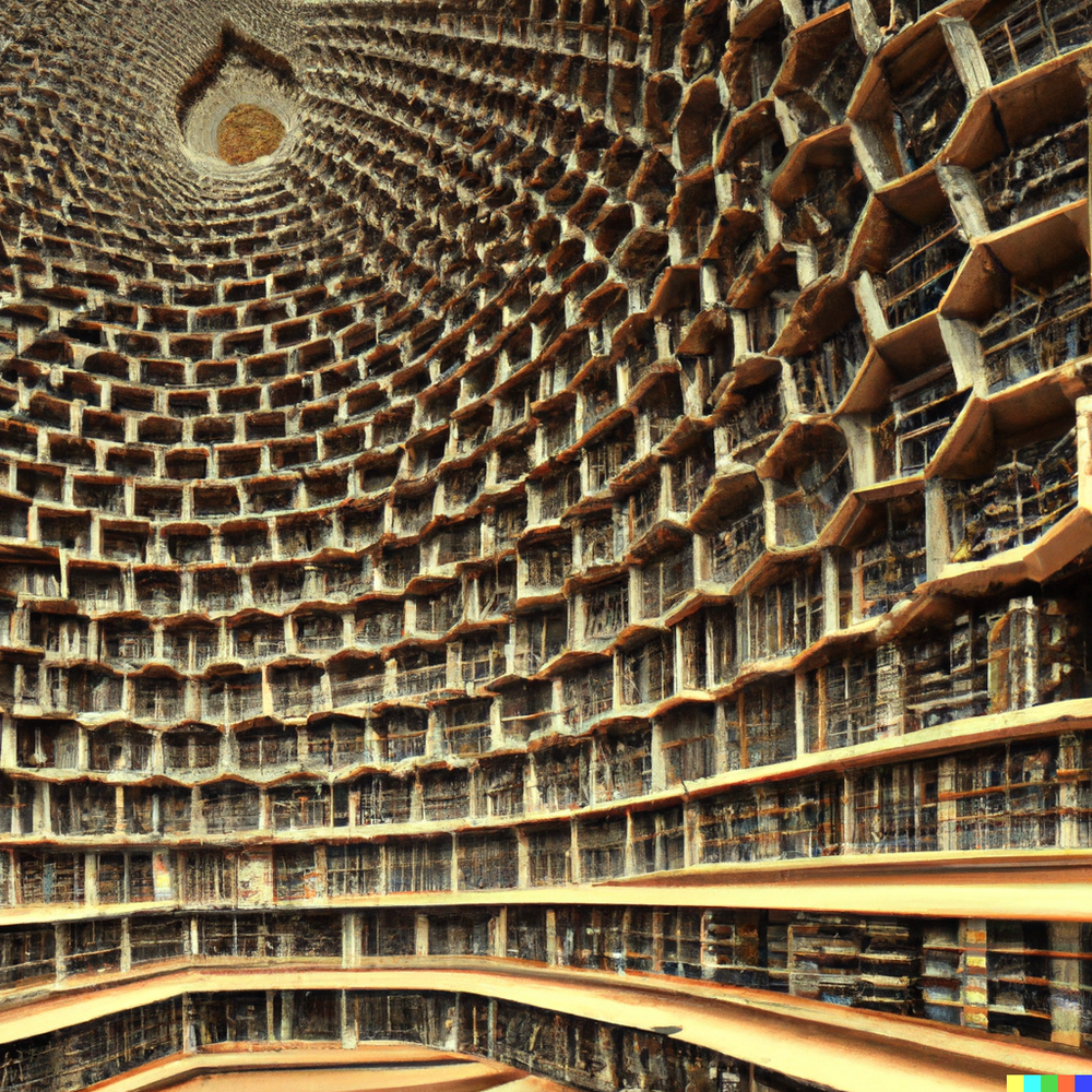 DALL·E 2022-07-15 23.24.26 - Borges' Library of Babel, an infinite fractal composed of hexagonal rooms lined with stacked bookshelves, whose exact centre is any one of its hexagon.png