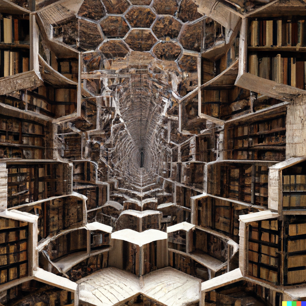 DALL·E 2022-07-15 23.25.55 - Borges' Library of Babel, an infinite fractal composed of hexagonal rooms with walls of bookshelves..png