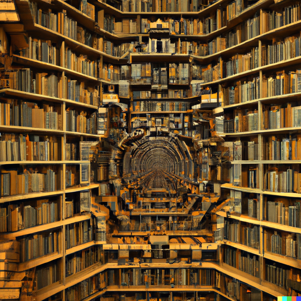 DALL·E 2022-07-15 23.27.10 - Borges' Library of Babel, an infinite fractal composed of hexagonal rooms with walls of bookshelves, where each room is the center..png