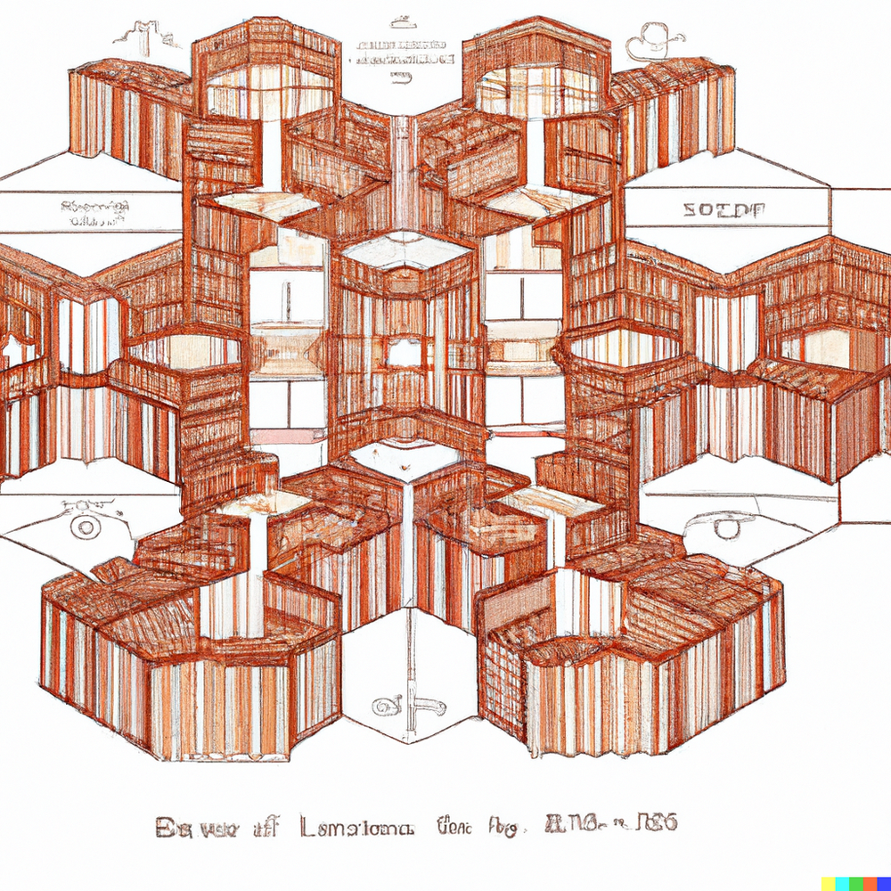 DALL·E 2022-07-15 23.29.12 - Architectural plan of Borges' Library of Babel, an infinite fractal composed of hexagonal rooms with walls of bookshelves, where each room is the cent.png