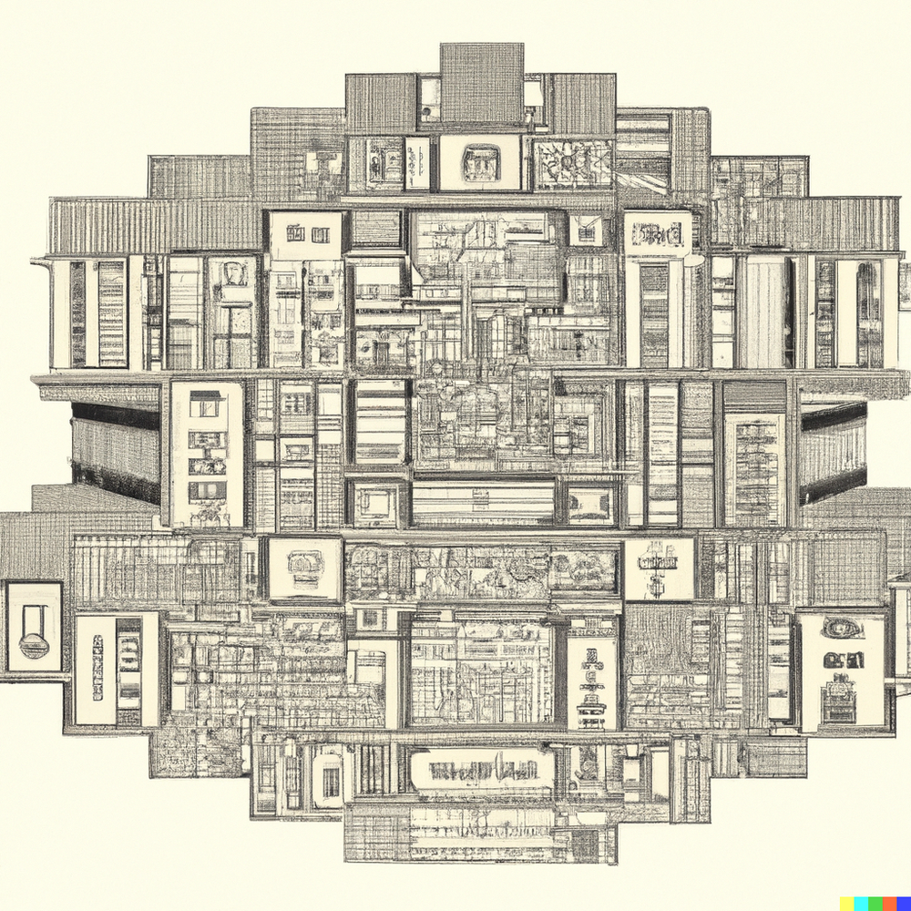 DALL·E 2022-07-15 23.29.22 - Architectural plan of Borges' Library of Babel, an infinite fractal composed of hexagonal rooms with walls of bookshelves, where each room is the cent.png