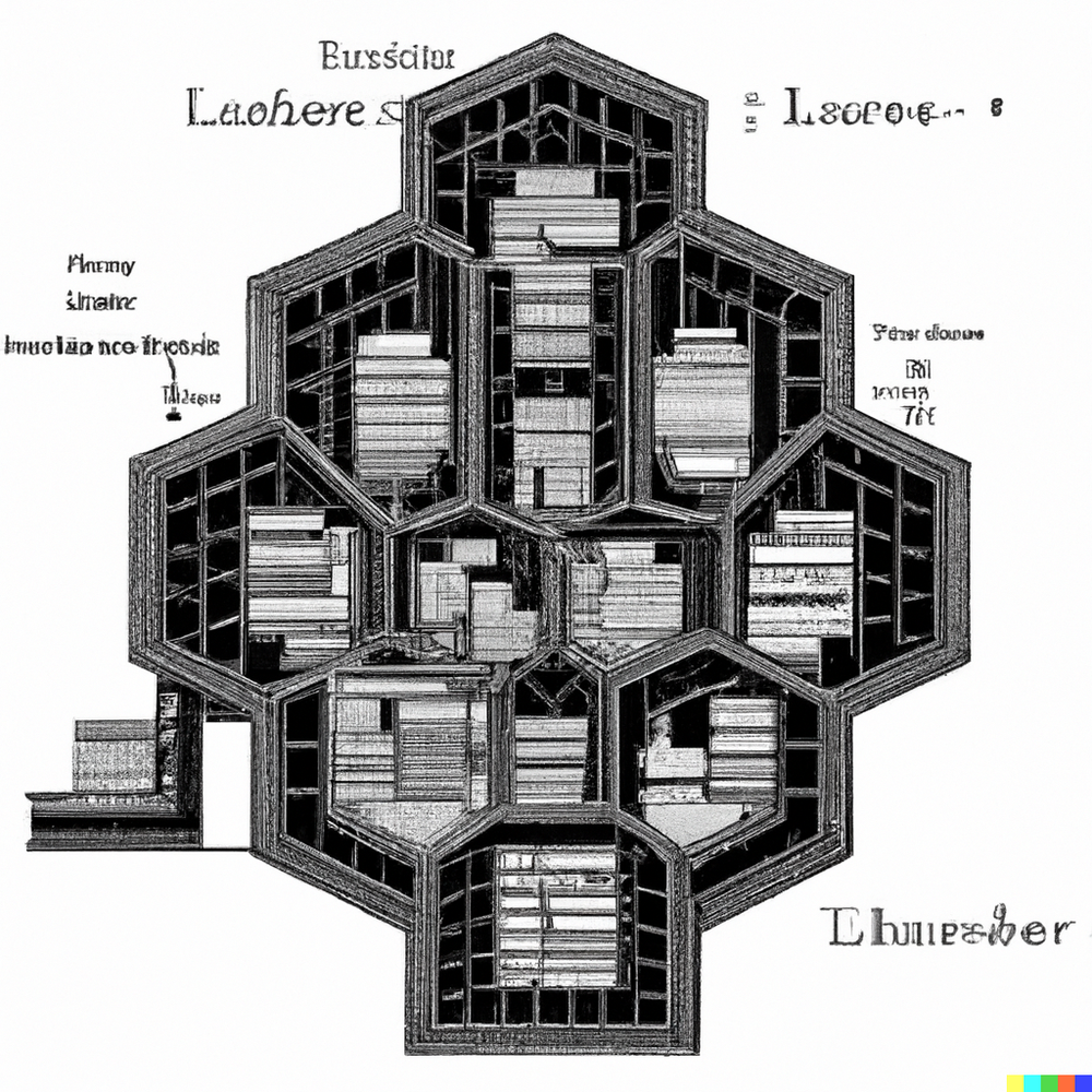 DALL·E 2022-07-15 23.30.36 - Architectural plan of Borges' Library of Babel, an infinite fractal without a center composed of hexagon rooms with bookshelves..png
