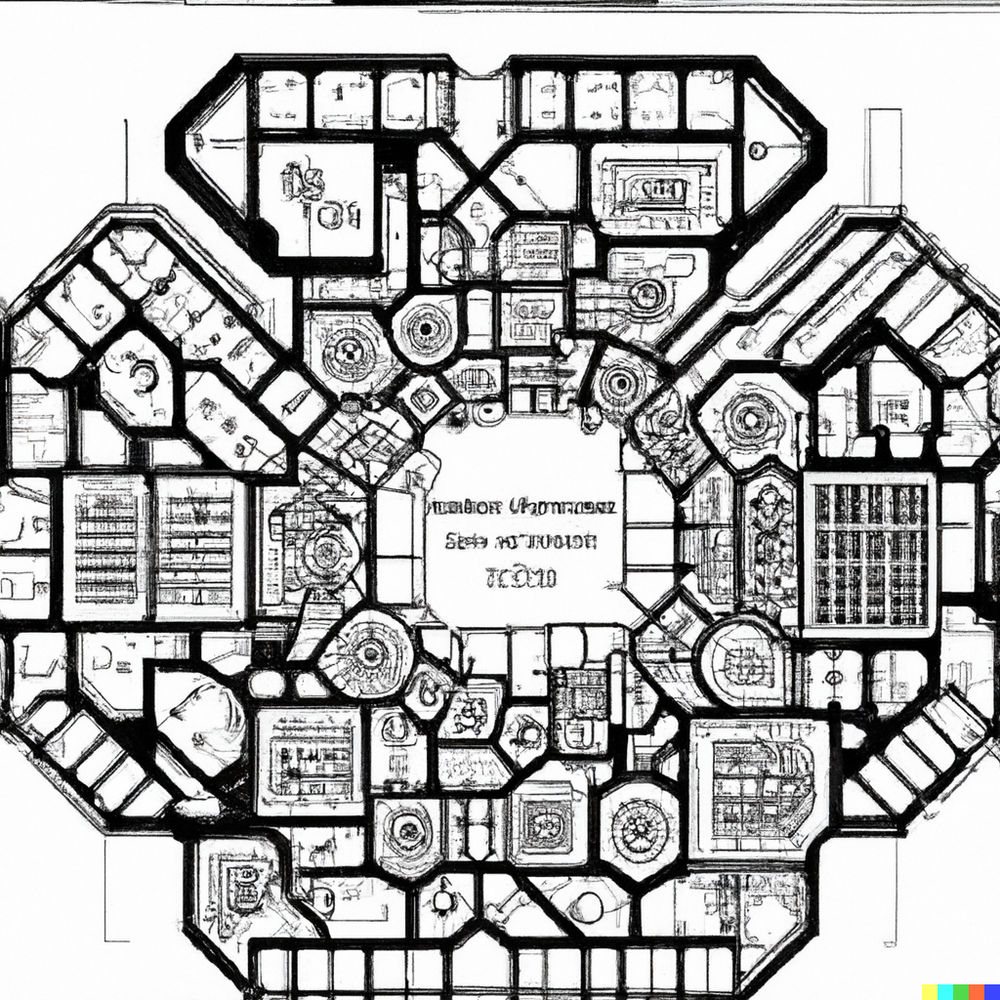 DALL·E 2022-07-15 23.30.41 - Architectural plan of Borges' Library of Babel, an infinite fractal without a center composed of hexagon rooms with bookshelves..png