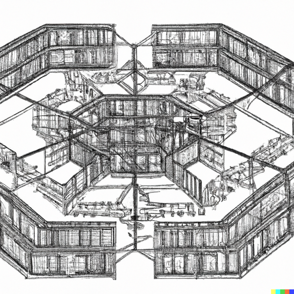 DALL·E 2022-07-15 23.30.56 - Architectural plan of Borges' Library of Babel, an infinite fractal without a center composed of hexagon rooms with bookshelves..png