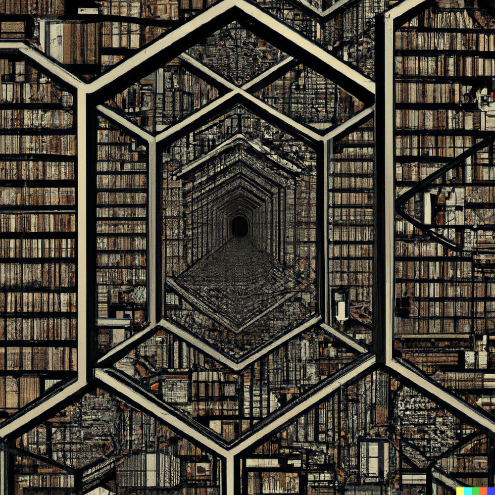 DALL·E 2022-07-15 23.32.07 - Borges' Library of Babel, a fractal without a center composed of infinite hexagon rooms with bookshelves..png