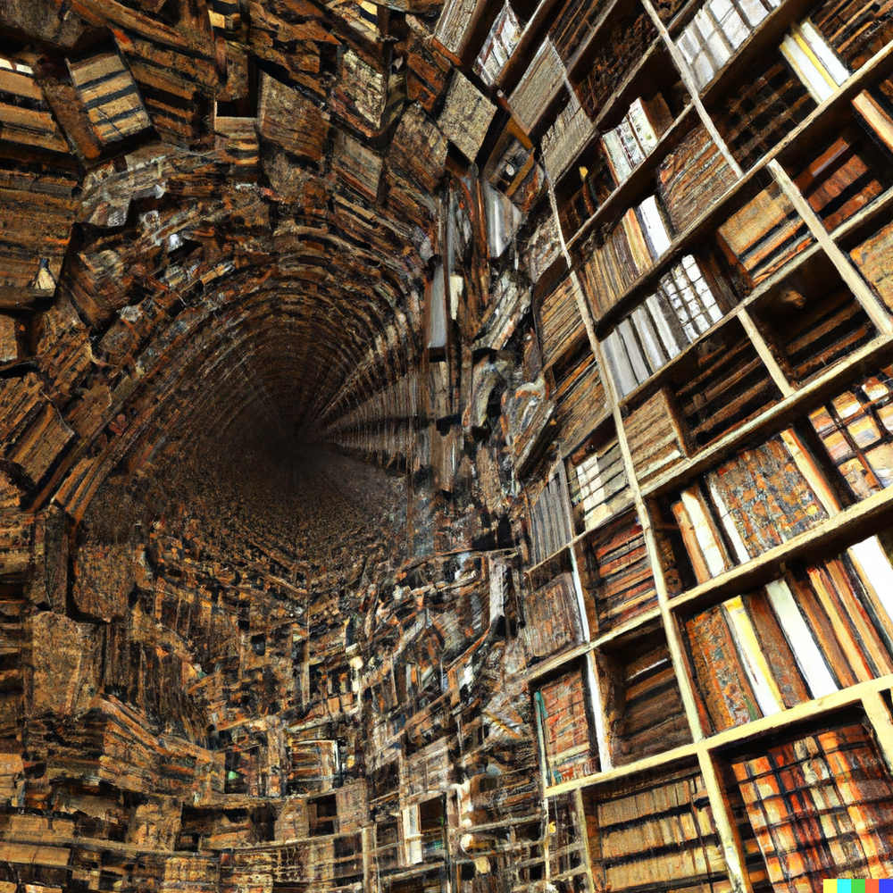 DALL·E 2022-07-15 23.34.04 - Close-up of Borges' Library of Babel, a fractal without a center composed of infinite hexagon rooms with bookshelves..png