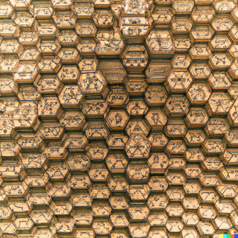 DALL·E 2022-07-15 23.34.38 - Close-up of Borges' Library of Babel, a fractal without a center composed of infinite hexagon rooms with walls of bookshelves..png
