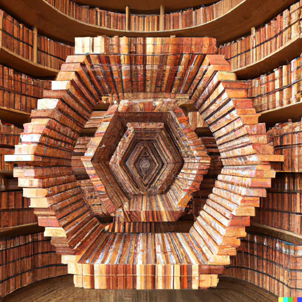 DALL·E 2022-07-15 23.56.37 - Borges' Library of Babel, composed of infinite interconnected hexagon rooms of bookshelves forming a Hamiltonian cycle..png