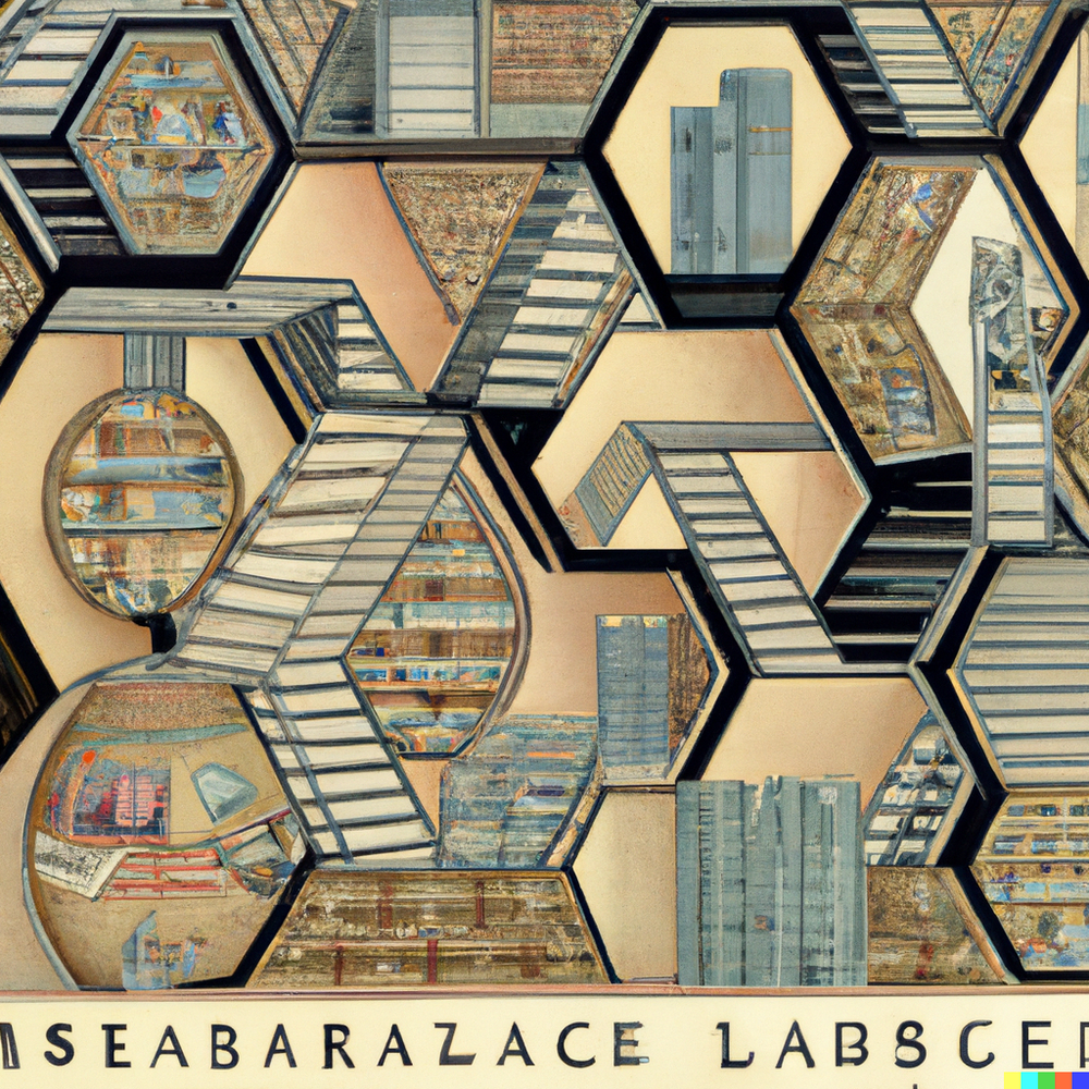 DALL·E 2022-07-16 00.00.25 - Borges' Library of Babel, composed of infinite interconnected hexagon rooms of bookshelves each connected to one another, MC Escher..png