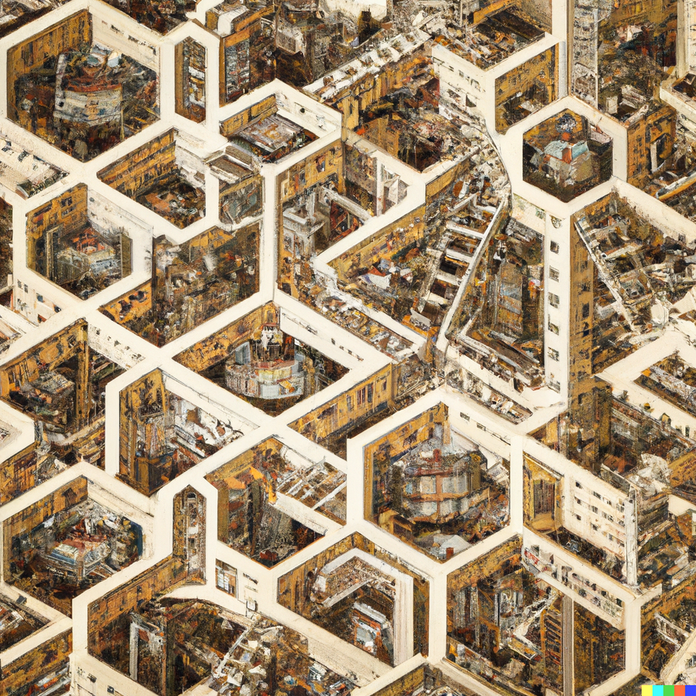 DALL·E 2022-07-16 00.00.34 - Borges' Library of Babel, composed of infinite interconnected hexagon rooms of bookshelves each connected to one another, MC Escher..png