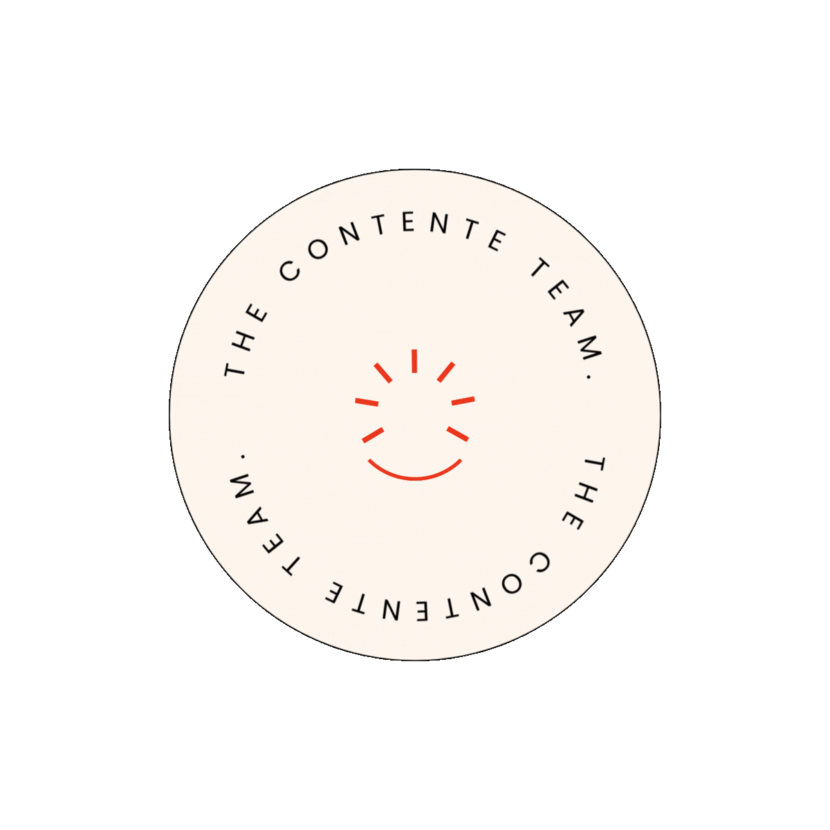 A circular logo with a smiling face made of red lines in the center. Surrounding the face is black text that reads 'THE CONTENTE TEAM' repeated twice, forming a ring around the face. The background of the logo is off-white, and it is set against a gray backdrop.