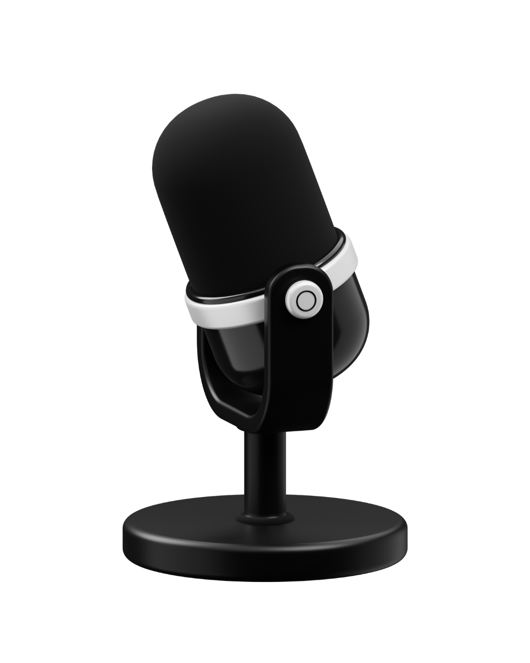 A modern black and white microphone on a round stand.