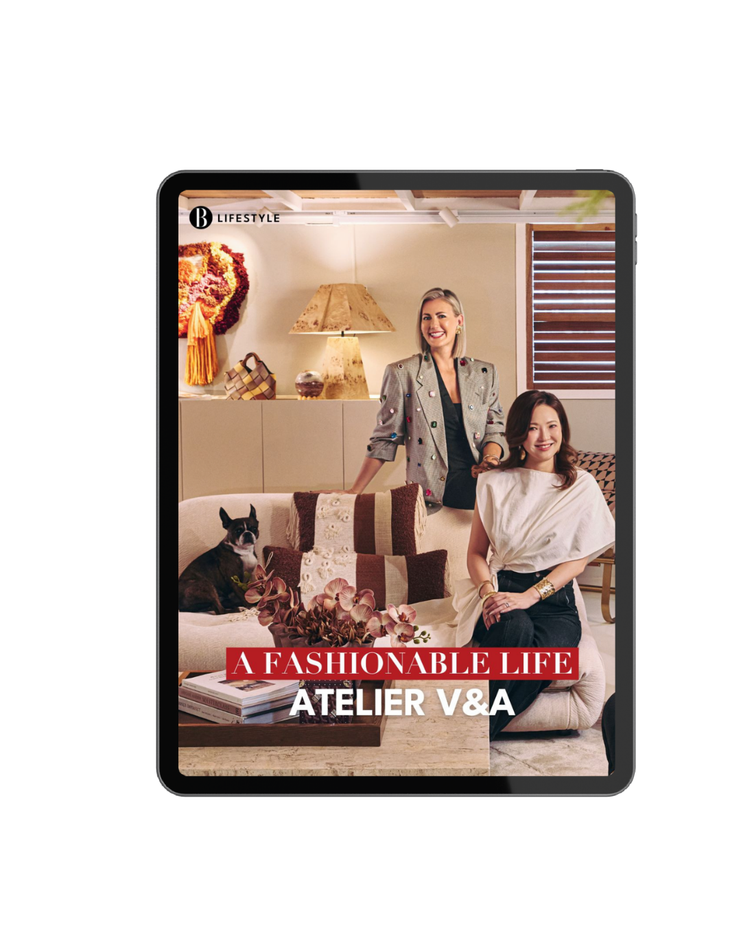 Cover of a magazine titled "A Fashionable Life" featuring two women and a dog in a stylish living room with modern decor.