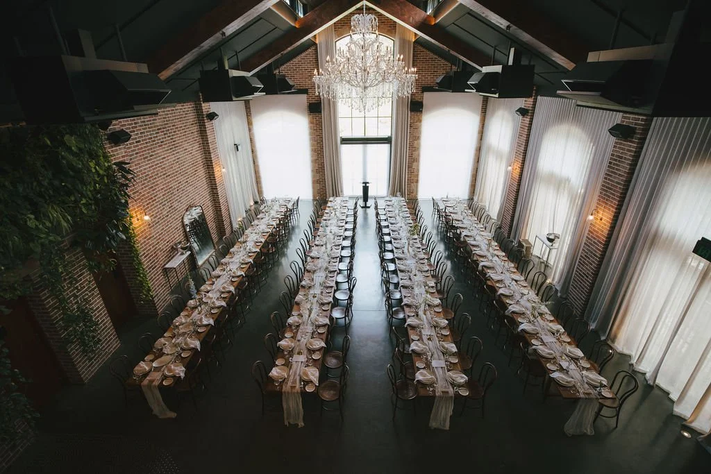 Wide shot of the Glass House styled for the ceremony, Currumbin Waters