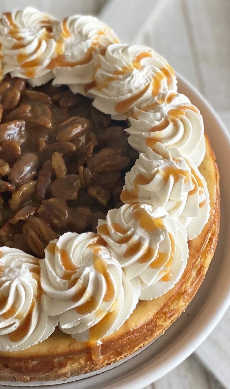 Caramel Pecan Cheesecake with Chantilly Cream and Drizzled Caramel