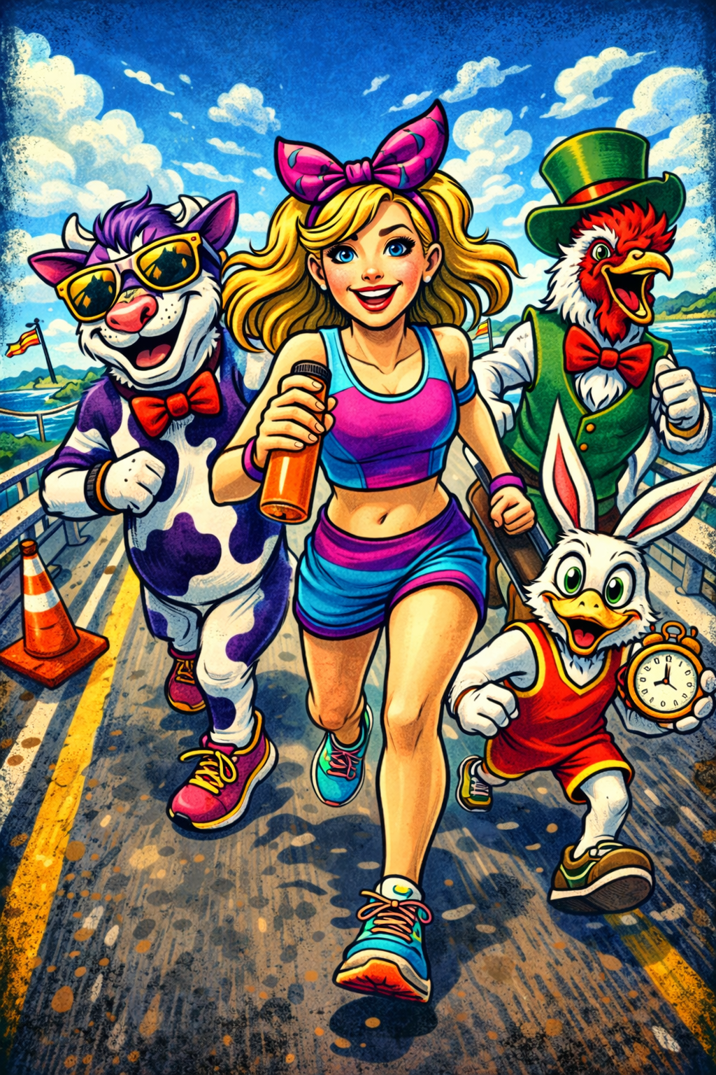 Colorful illustration of a young woman running with anthropomorphic animals on a bright, animated outdoor road. The animals include a cow, a rooster, and a rabbit, all dressed in vibrant clothing and accessories. The scenery features a cloudy sky, water, and a small American flag in the background.