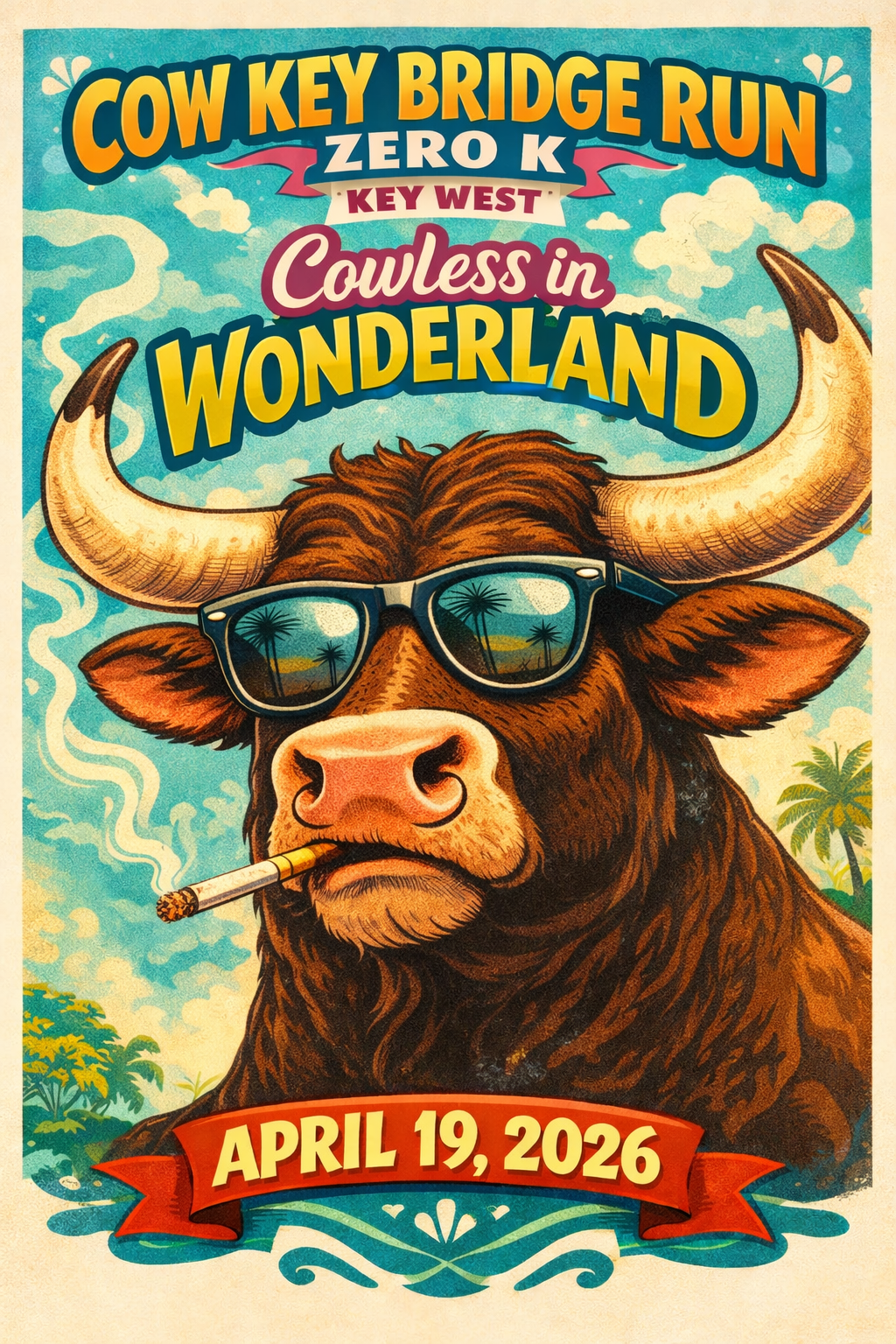 A colorful poster for the Cow Key Bridge Run event featuring a cartoon buffalo wearing sunglasses and smoking a cigarette, with palm trees and a bright sky in the background. The event is scheduled for April 19, 2026.