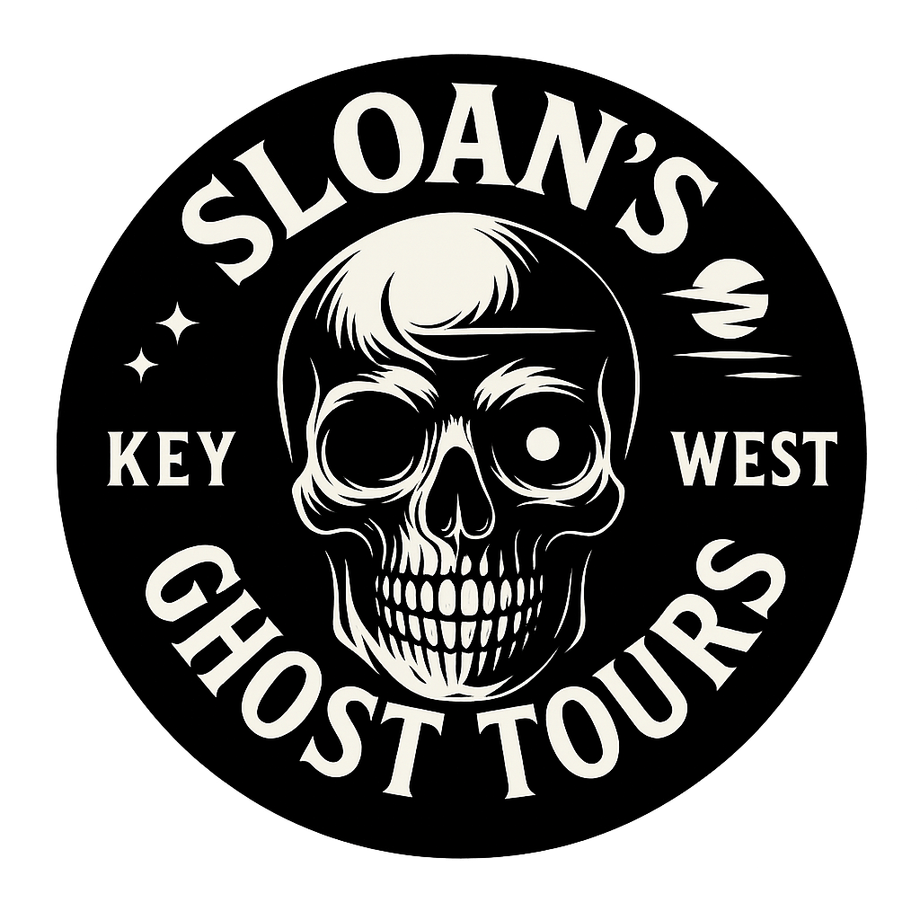 Black and white logo for Sloan's Ghost Tours featuring a skull with stylized hair, surrounded by the text 'Sloan's Ghost Tours' and location 'Key West'.
