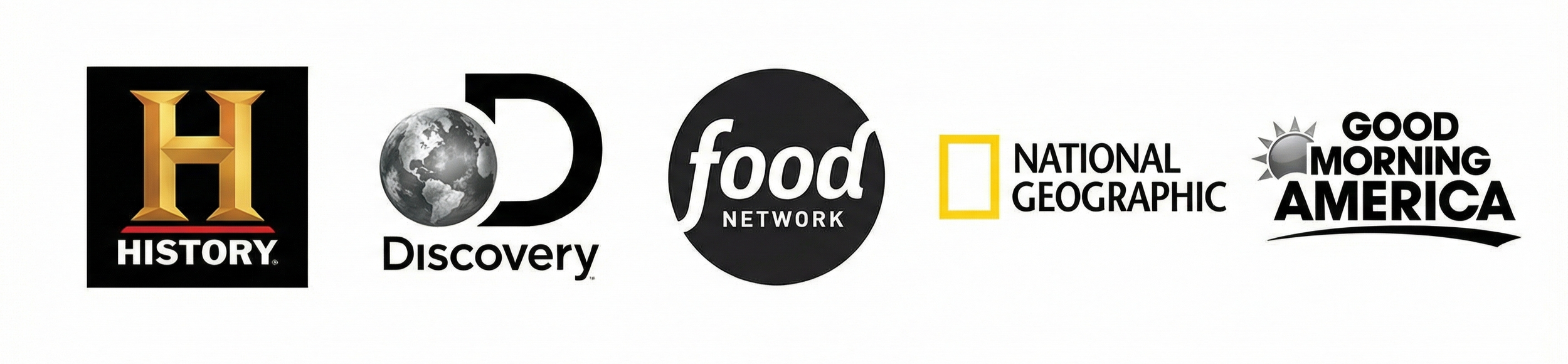 Logos for History Channel, Discovery, Food Network, National Geographic, and Good Morning America.