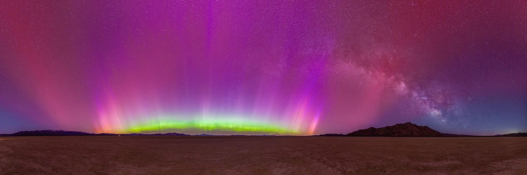 The aurora crown and Milky Way in a 300 degree panorama over the Black Rock Desert