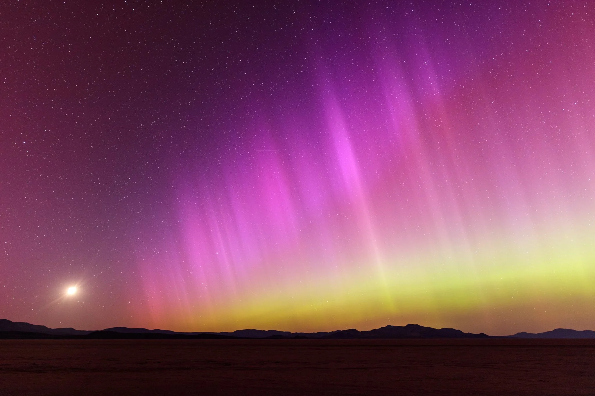 The aurora and a 10% setting moon at the Black Rock Desert