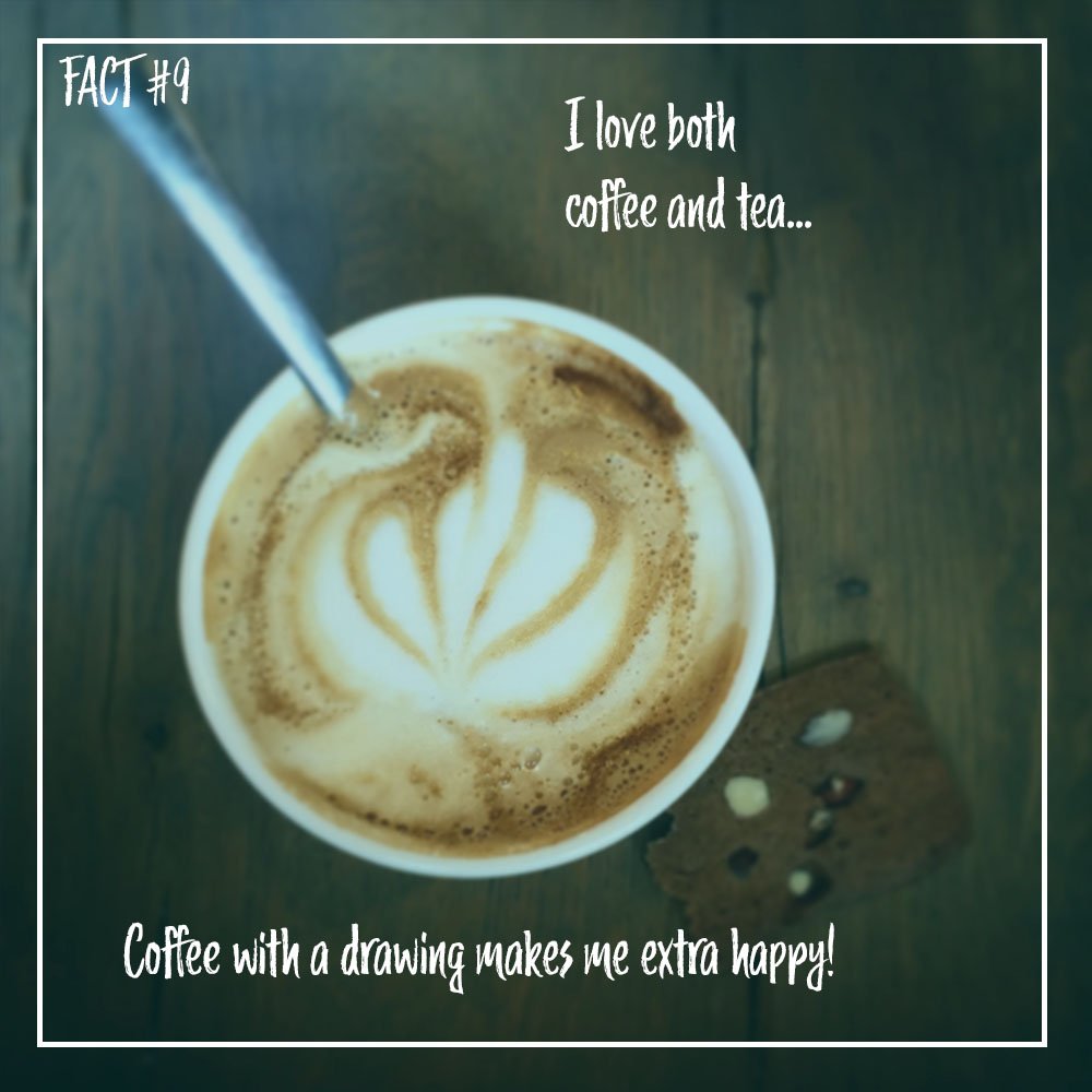 A cup of coffee with latte art on top, a metallic straw, a chocolate chip cookie, and text overlay about liking coffee and tea.