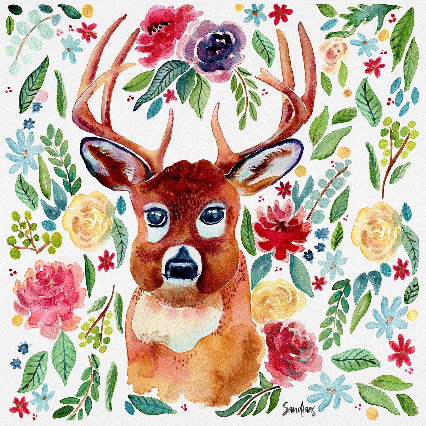 Lovely watercolor deer with colorful flowers!! I am loving this beauty 🥰⁠
.⁠
&gt;&gt; Swipe right to see this design on several kind of products! My favorites are the pillow and the tote bag 😍 What about yours?⁠
.⁠
Available now in my Society6 shop