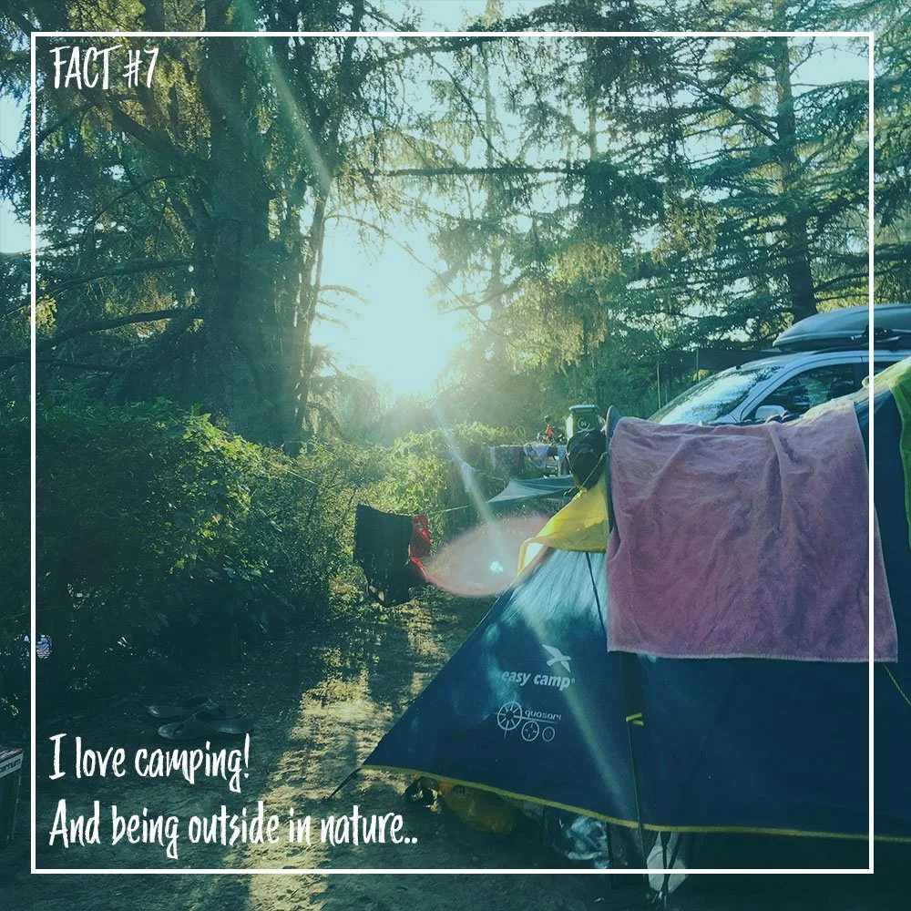 A camping scene in nature with a tent, clothing, and outdoor gear illuminated by sunlight filtering through trees.