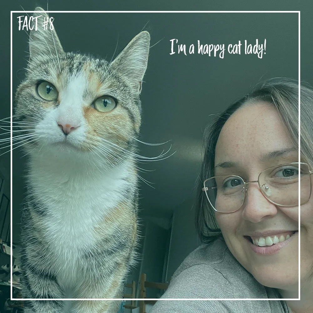 Close-up photo of a woman with glasses smiling next to a calico cat, with text indicating 'Fact #5' and 'I'm a happy cat lady!'