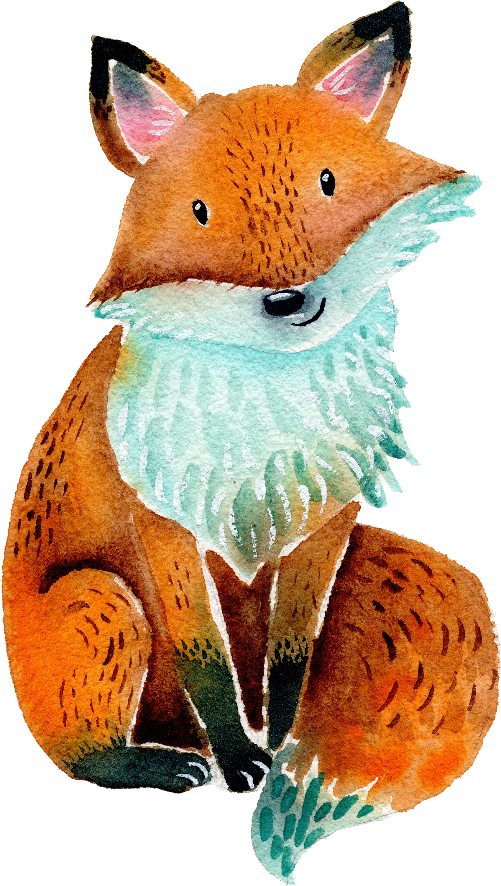 Watercolor painting of a sitting fox with orange fur, white chest, and a bushy tail, facing forward with a slight smile.