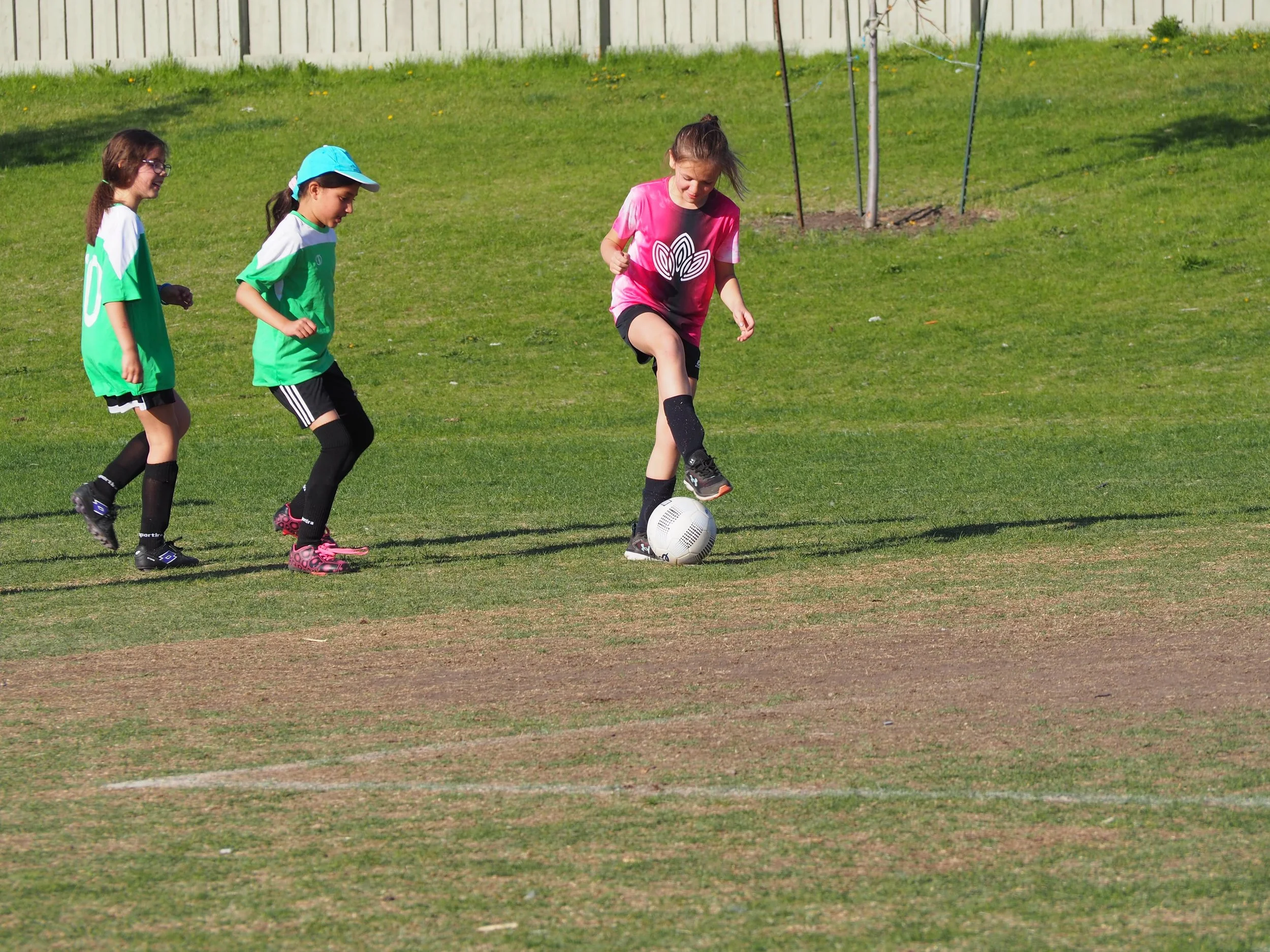 Girls playing soccer on a grassy field with a wooden fence in the background. One girl in a pink shirt is kicking a soccer ball, while two others wearing green shirts and black shorts watch.